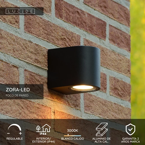 Lucide ZORA-LED - Foco de pared / Lámpara de pared Dentro/Fuera - LED Regul. - GU10 - 1x5W 3000K - IP44 - Negro - USP